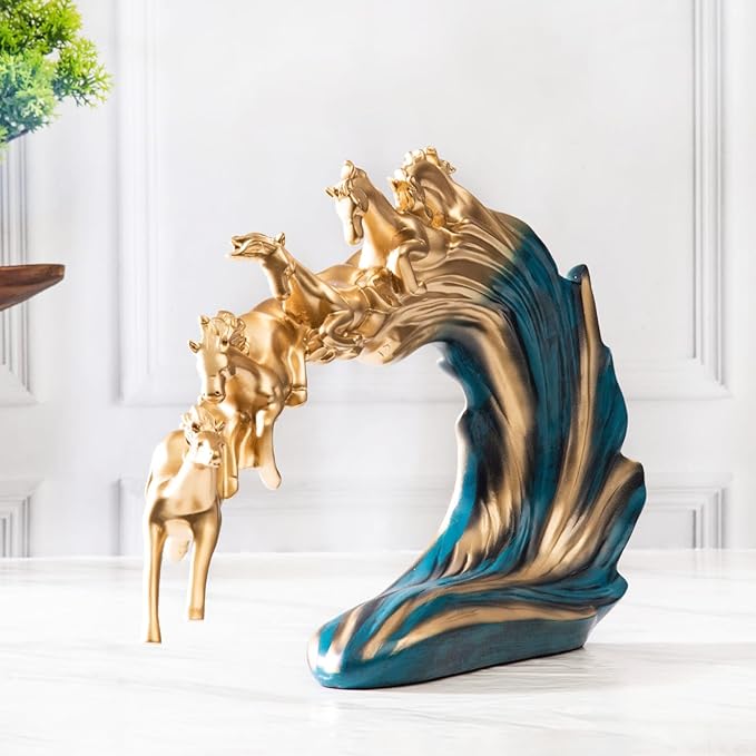 A golden statue of 7 running horses, a Vastu symbol for success and power