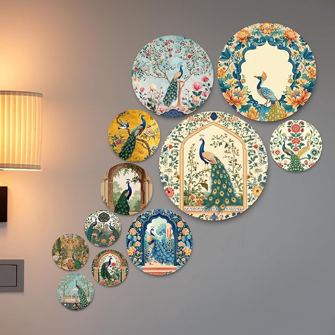 A set of 11 wooden pieces arranged on a wall as a peacock, used as bedroom decor