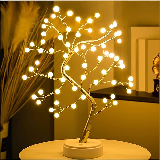 A bonsai-style tree lamp using 36 pearl LED fairy lights to create a warm, magical glow