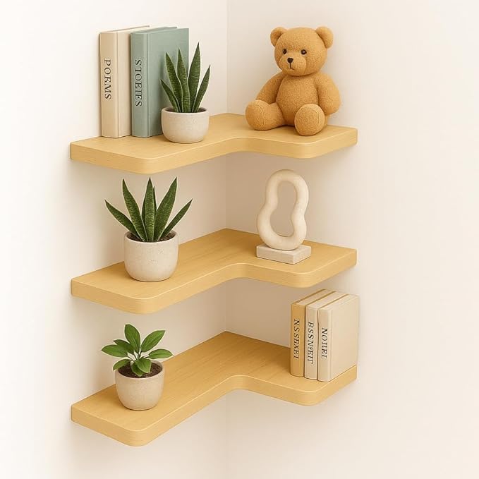 corner shelf Wooden Shelves Set of 3 – Floating L Shaped Design for Home Décor