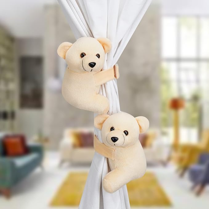 The MM TOYS plush toy curtain tiebacks, designed as cute teddy bears for a child's room.
