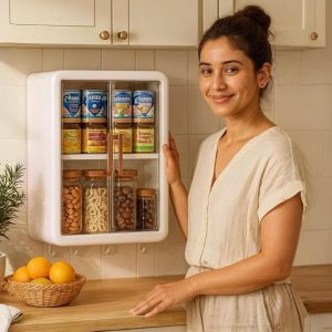 A white, 3-layer wall mounted storage cabinet with its no-drill, self-adhesive backing visible