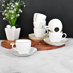 An elegant white ceramic tea cup set of 6, featuring a delicate gold line wave pattern