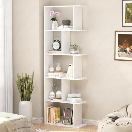 Wooden open bookshelf with 6-tier zigzag design – engineered wood white storage rack for books, décor, and plants in living room or office