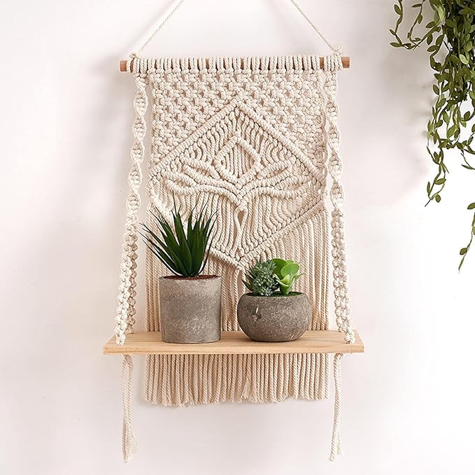 Boho Macrame Wall Shelves with Wooden Dowel for Home Decor