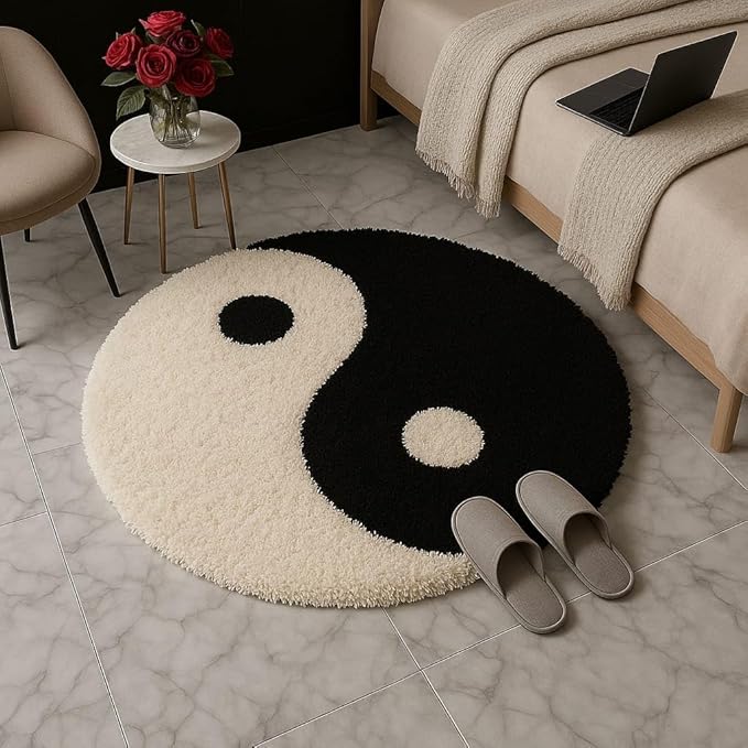 A 3x3 feet modern circular rug in a stylish black and ivory pattern in a living room