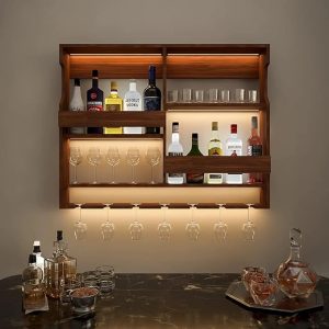 Wooden mini bar with upside-down glass storage, wall mounted wine rack cabinet for home décor