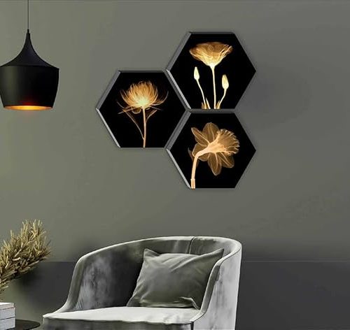 SAF wall decoration items hexagon floral paintings set of 3