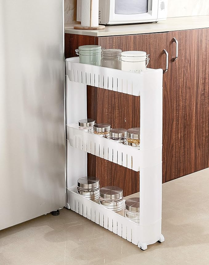 The slim design of the rolling cart allows it to act as mobile slide-out pantry shelves in a kitchen