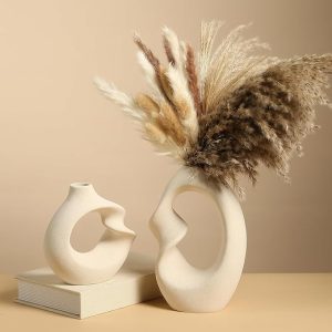 White Ceramic Donut Vase Set of 2 – Decorative Modern Round Hollow Vases for Pampas Grass & Flowers