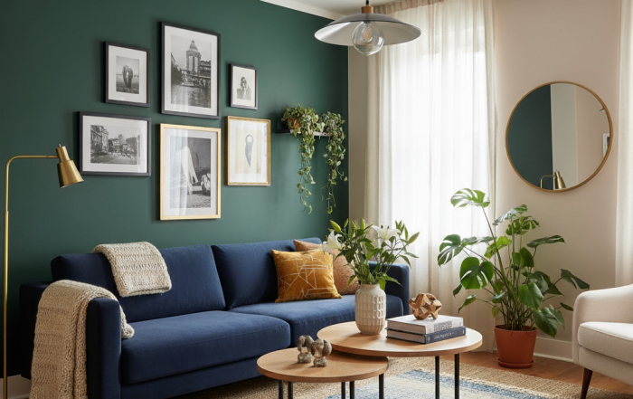 A stylish and functional bedroom decor dark green accent wall with a curated gallery of photos, a comfortable navy blue sofa with a throw blanket, layered rugs on a hardwood floor, and a large Monstera plant adding a touch of nature. a Stylish Home Decor Ideas